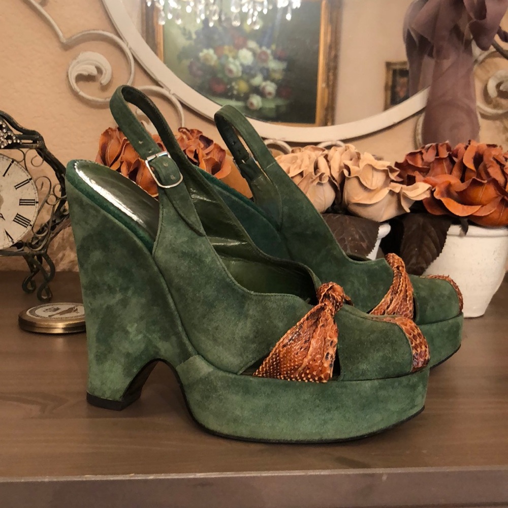 Snake skin suede wedges
